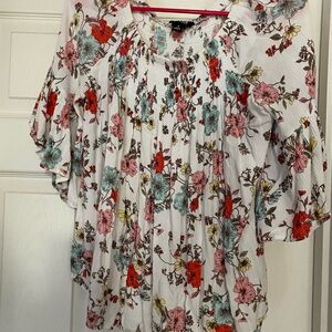 a.n.a White Floral Peasant Blouse with Pink, Red, Blue & Yellow Blooms
